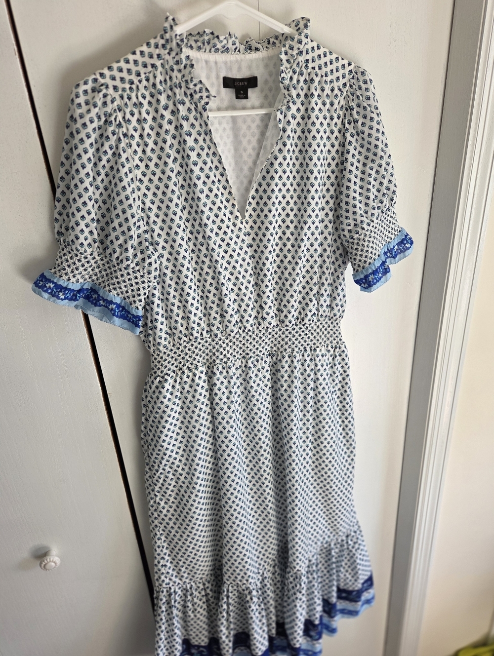 J. Crew White Midi Dress with Blue Print